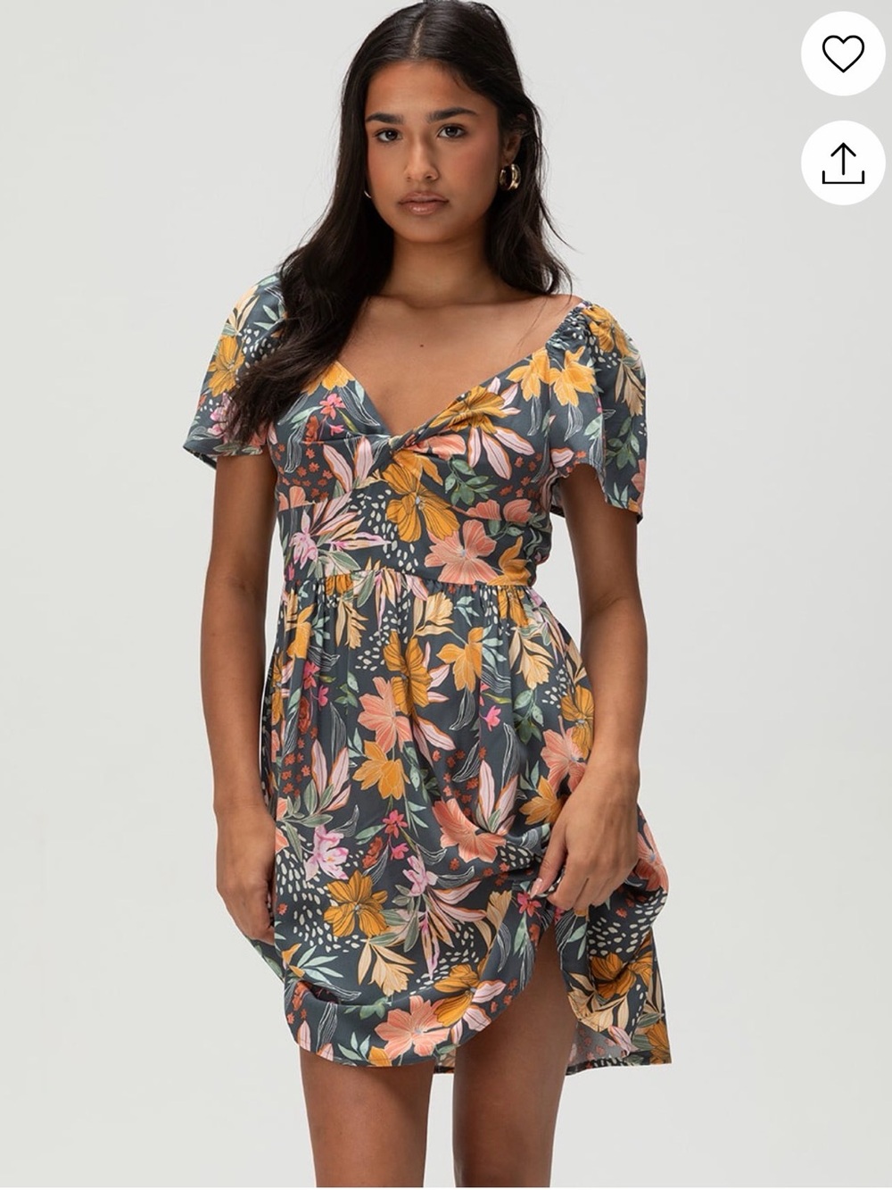 O'Neill Gray Floral Wrap-Style Mini Dress with Yellow & Pink Blooms